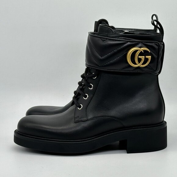 Gucci GG Logo Metalasse Leather Strap Combat Lace Up Ankle Bootie Boots - Picture 10 of 16